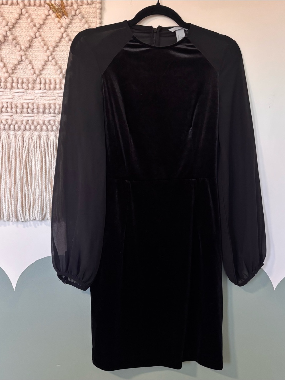 H&M Black Velvet Dress with Sheer Long Sleeves